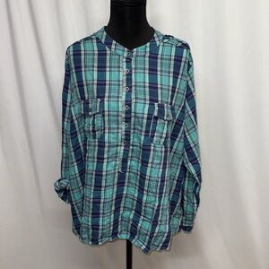 Northcrest Women's Plus Blue Plaid Top. Cotton Comfy Soft